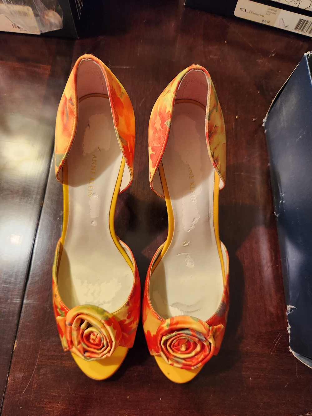 Anne Klein Yellow Floral Peep-Toe Heels with Rose Detail